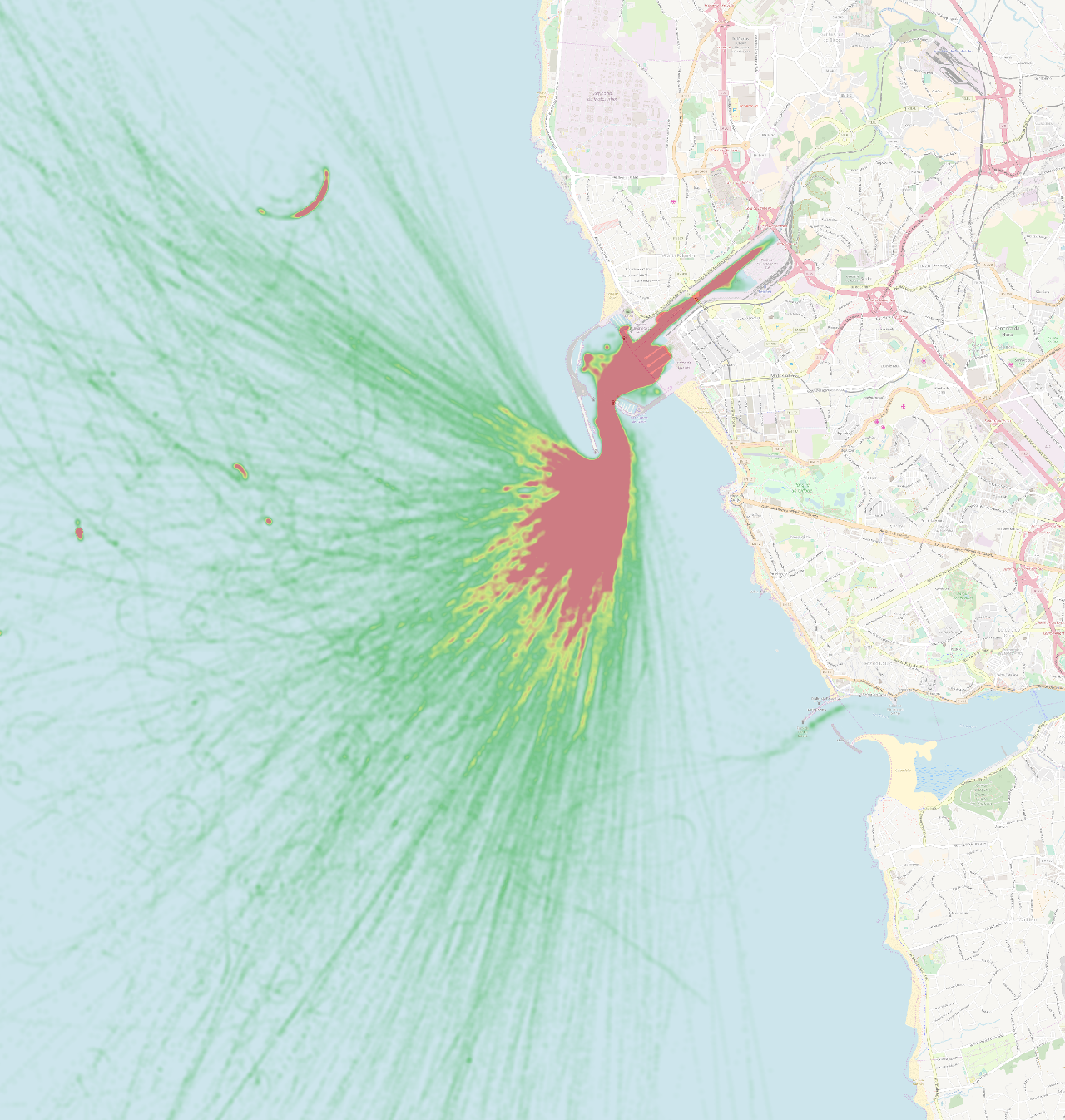 Ship density in and out of Leixões harbor, calculated from AIS data